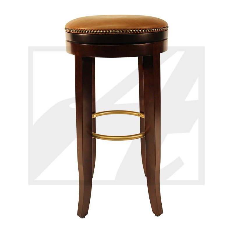 Elegant wooden bar stool with cushioned seat and brass footrest.
