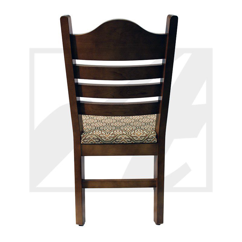 Dark wooden chair with a woven seat and ladder back design.