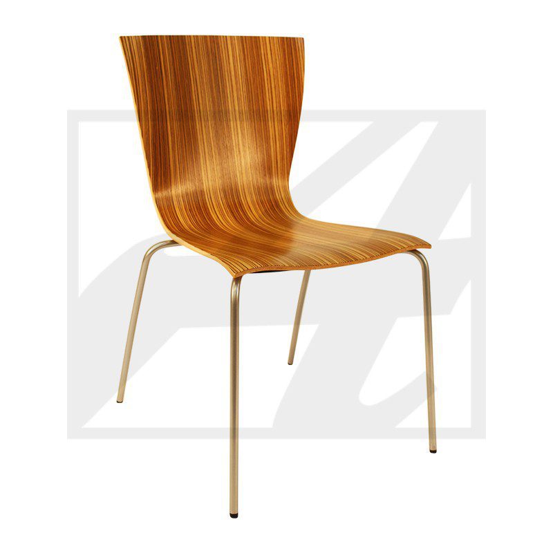 Sleek wooden chair with metal legs, modern design.