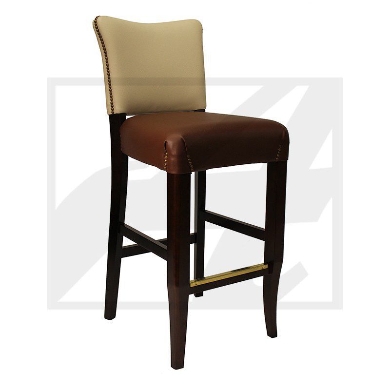Tall bar stool with cushioned beige backrest and brown seat.
