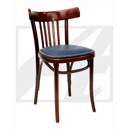 Classic wooden chair with a cushioned seat and vertical backrest slats.