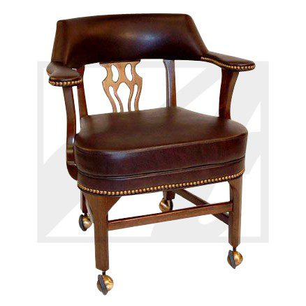 Elegant brown leather office chair with wooden frame and casters.