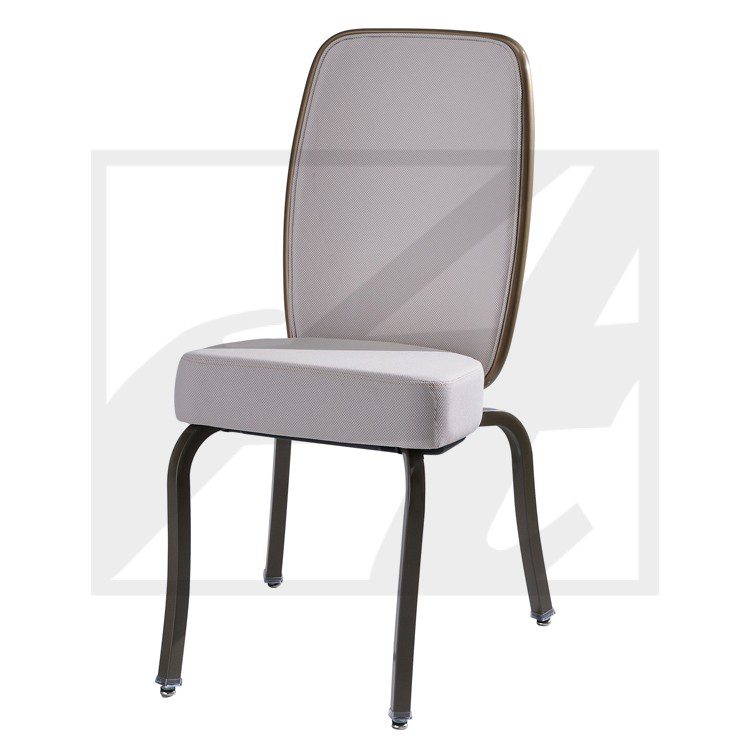 Simple chair with cushioned seat and backrest on metal legs.
