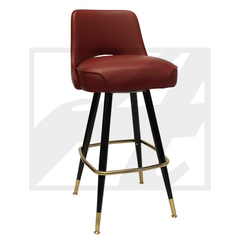 Modern bar stool with red upholstery and gold-accented legs.