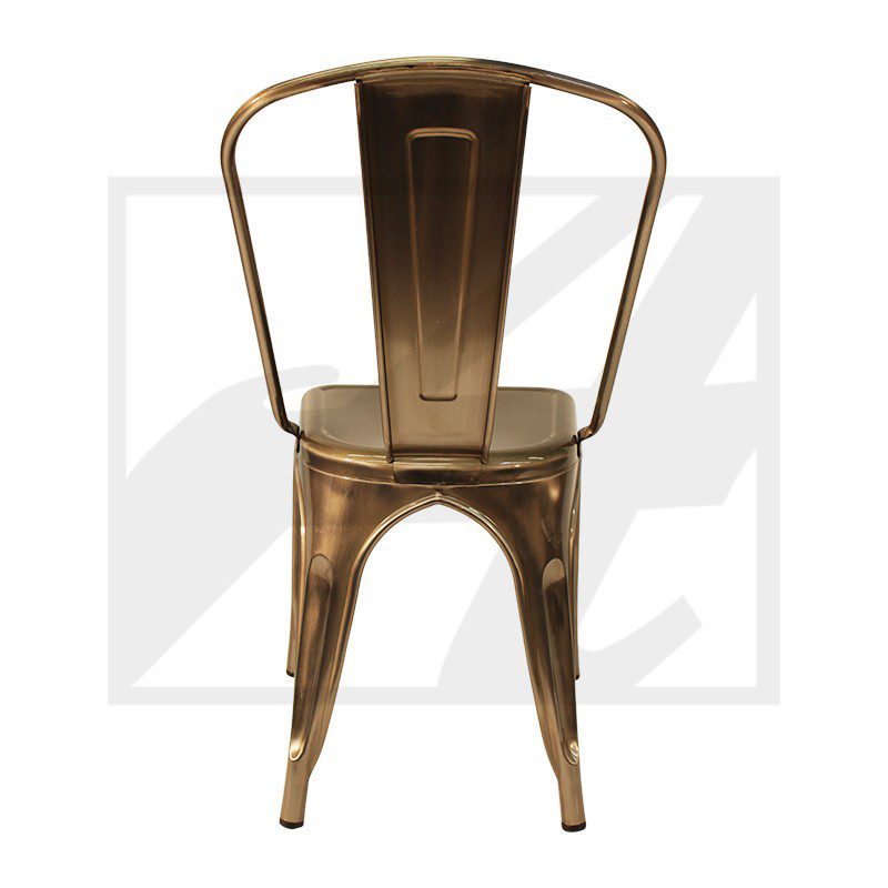 A bronze metal chair with a curved backrest and sleek design.