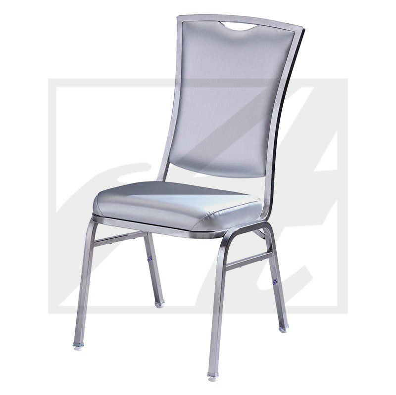 Modern gray padded chair with metal legs.