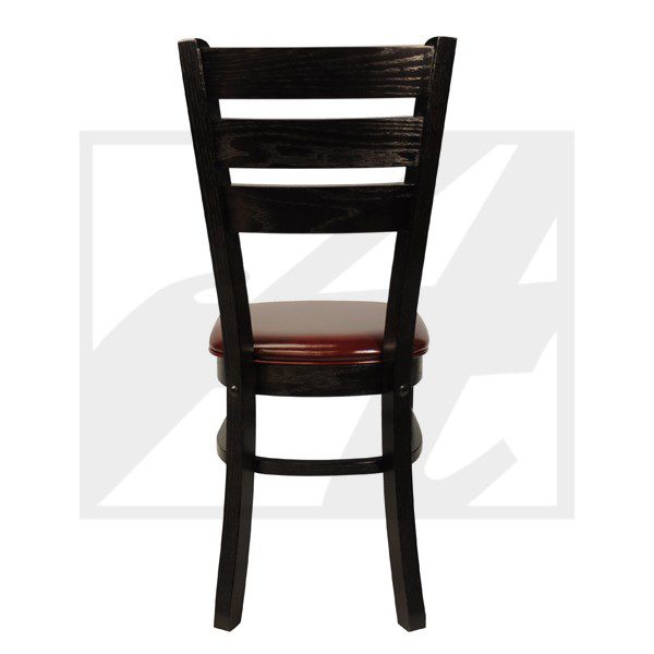 Black wooden chair with horizontal slats and a brown seat.