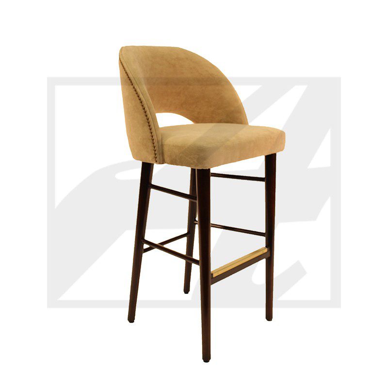Elegant mustard-colored bar stool with wooden legs and footrest.