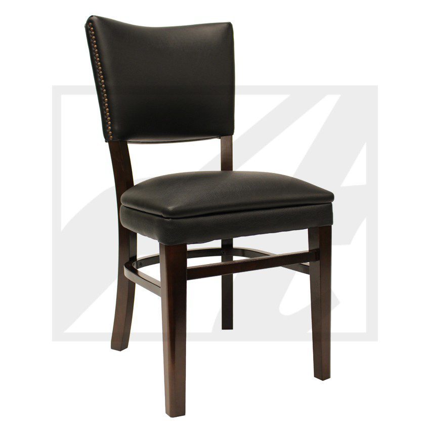 Wooden chair with black cushioned seat and backrest.