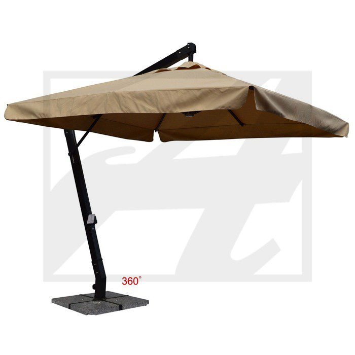 Large cantilever patio umbrella with a beige canopy and black stand.