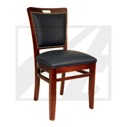 Wooden chair with black cushioned seat and backrest.