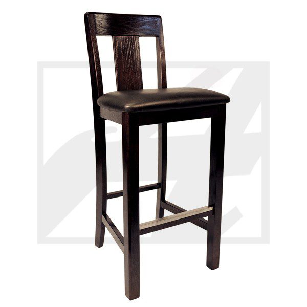 Dark wooden bar stool with padded seat and backrest.
