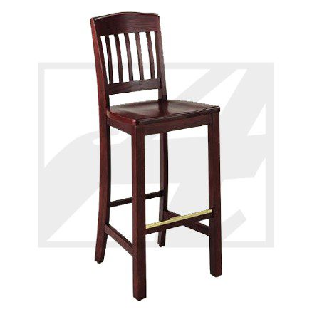 Tall wooden bar stool with a dark finish and brass footrest.
