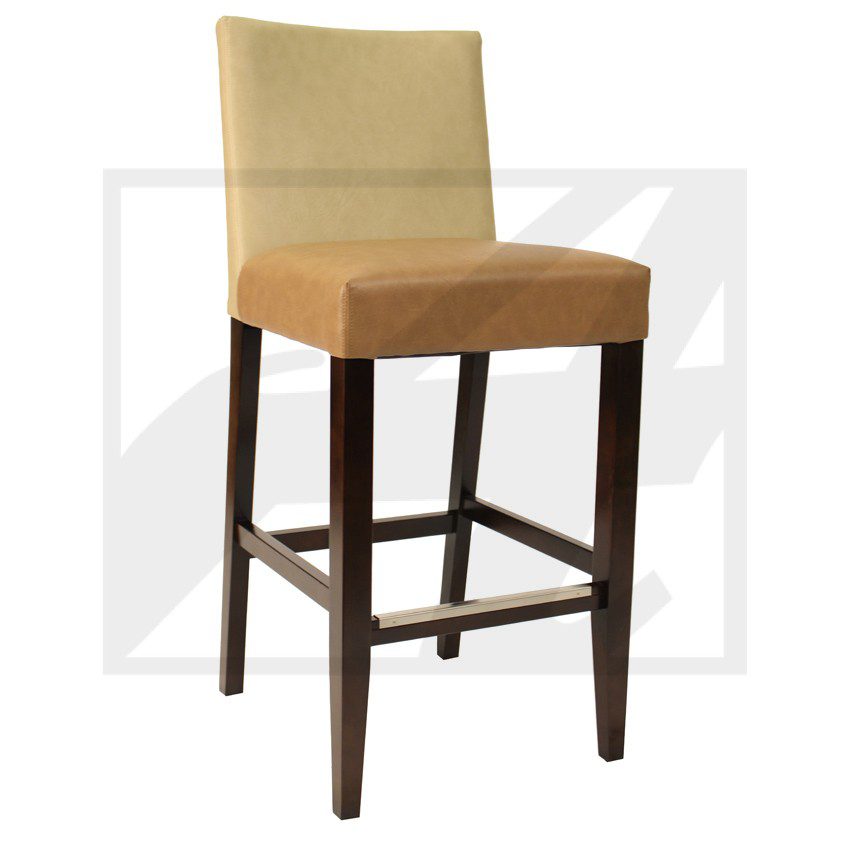 Upholstered bar stool with beige backrest and brown seat on dark wooden legs.