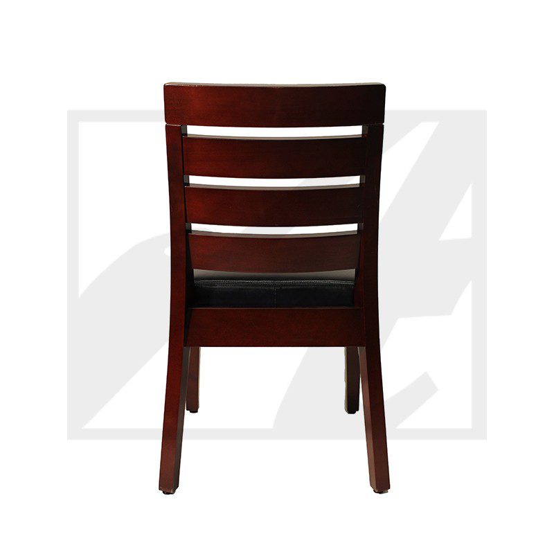 Dark wooden chair with horizontal slats and black cushioned seat.
