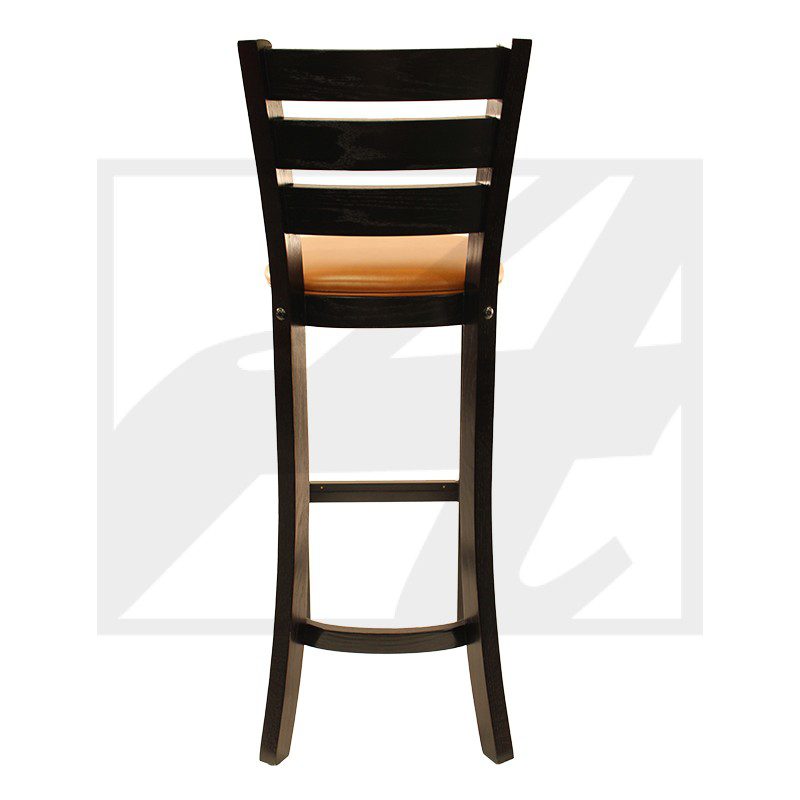 A wooden bar stool with a cushioned seat and ladder back design.