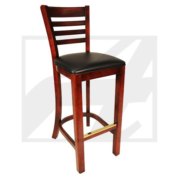Wooden bar stool with a cushioned black seat and ladder back design.