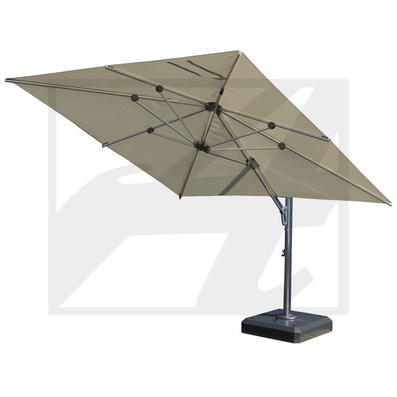 Modern outdoor cantilever umbrella with a square canopy and sturdy base.