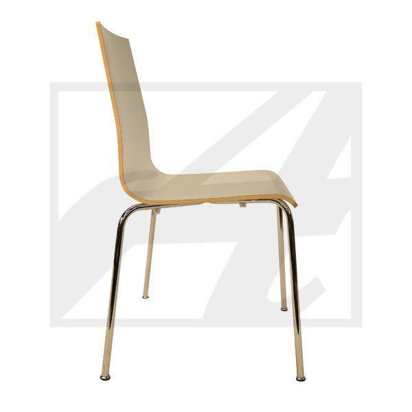 Side view of a modern beige chair with metal legs.