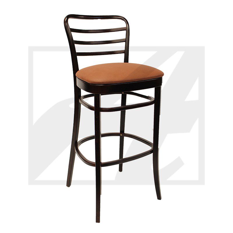 A metal bar stool with a cushioned seat and ladder back design.