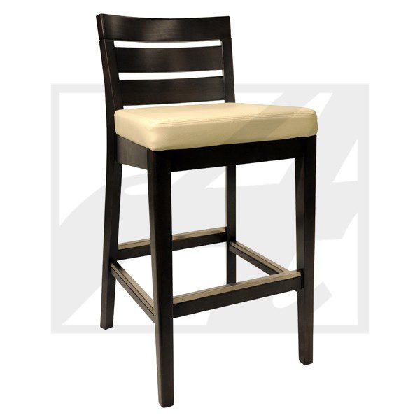 Dark wooden bar stool with beige cushioned seat and horizontal backrest slats.