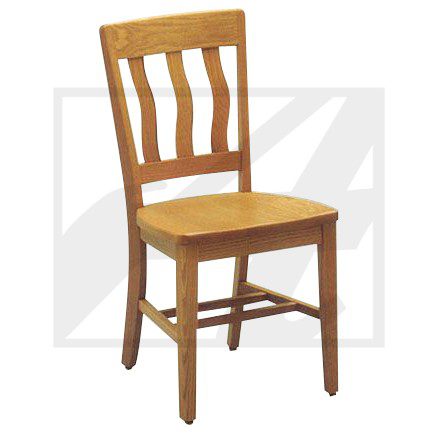Simple wooden dining chair with a slatted backrest.