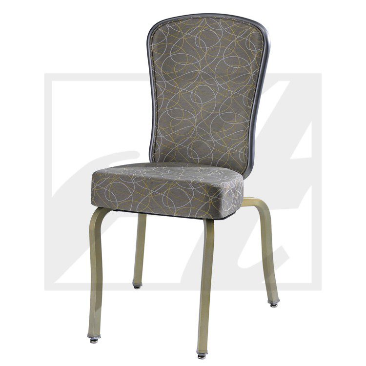 Elegant gray upholstered chair with curved back and metal legs.