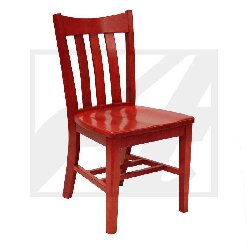 A classic red wooden chair with vertical slats.