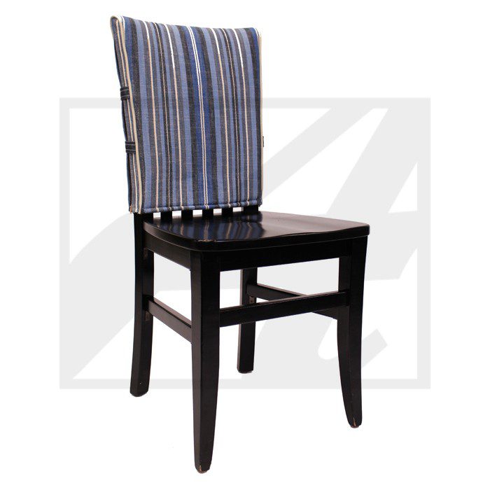 Wooden chair with a striped fabric backrest cover.