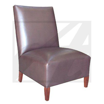 A sleek brown leather accent chair with wooden legs.