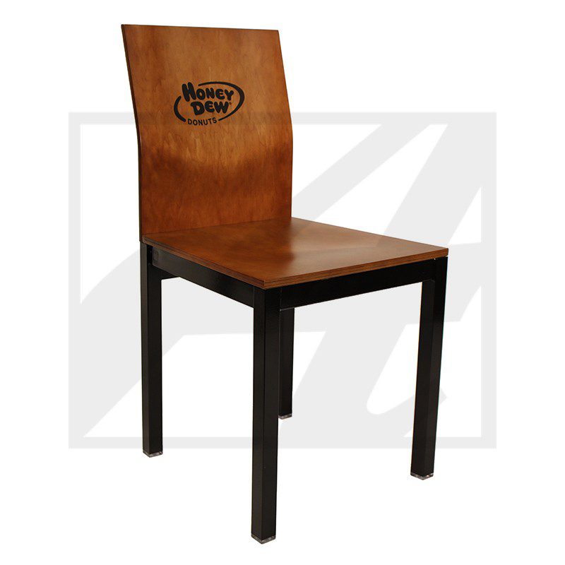 Wooden chair with black legs and a logo on the backrest.