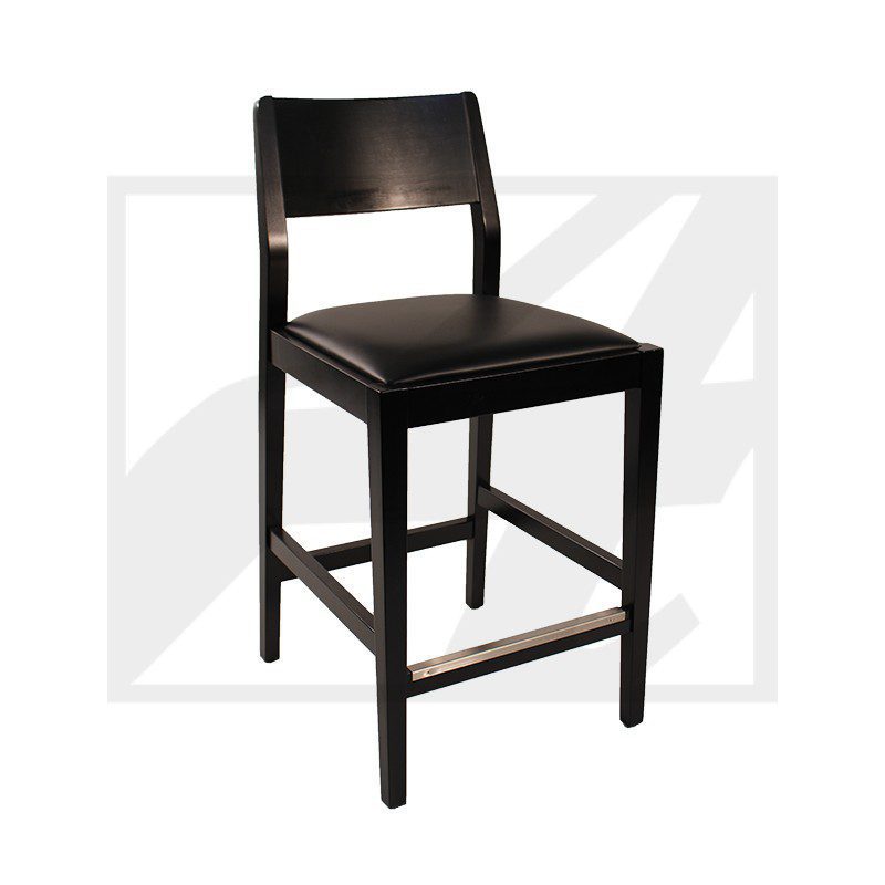 Modern black wooden bar stool with cushioned seat and backrest.