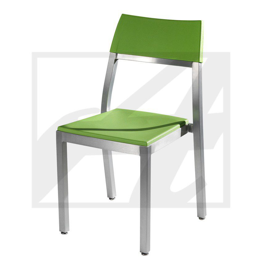 Modern green chair with metal legs and backrest.