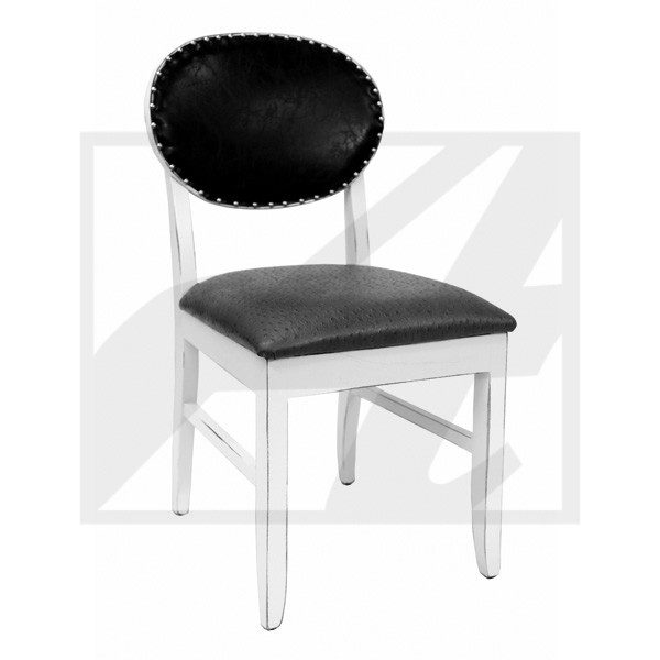 Elegant chair with black cushioned seat and backrest on white frame.