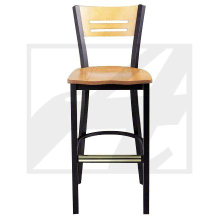 A tall bar stool with a black metal frame and wooden seat and backrest.