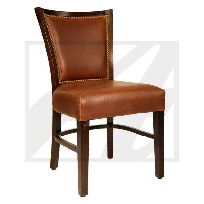 Brown leather dining chair with wooden legs.