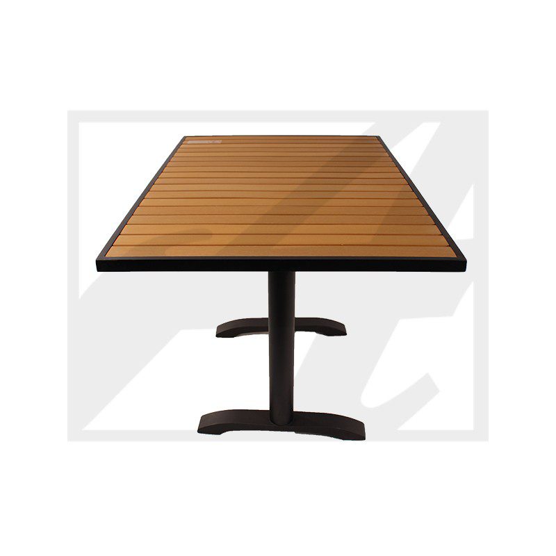 Rectangular wooden table with metal base and two legs.