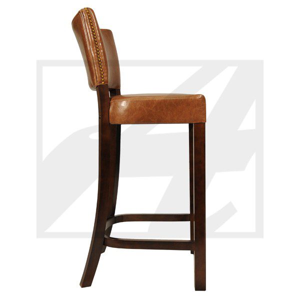 Side view of a wooden bar stool with woven backrest.