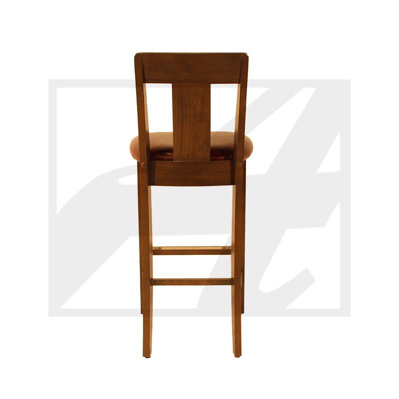 Tall wooden bar stool with a backrest.