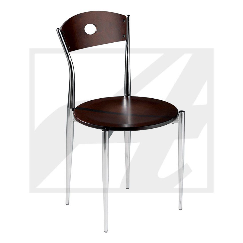 Simple wooden chair with metal legs and a hole in the backrest.