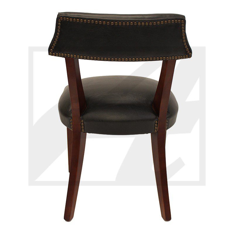 Modern wooden chair with black cushion and backrest, viewed from the front.