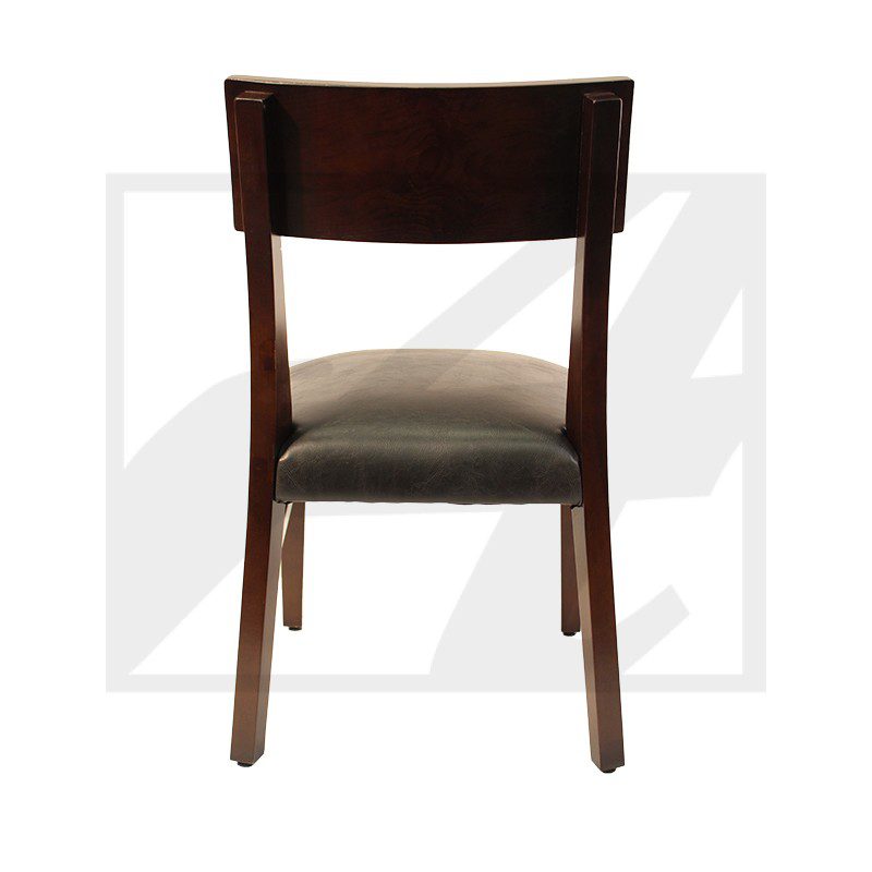 A wooden chair with a cushioned seat viewed from the back.