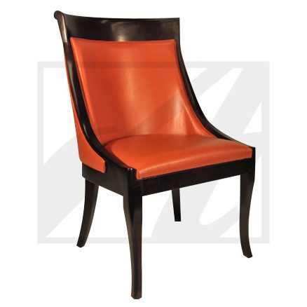 Elegant wooden chair with vibrant orange upholstery.