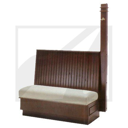 Brown cushioned booth seating with high backrest and white cushion.