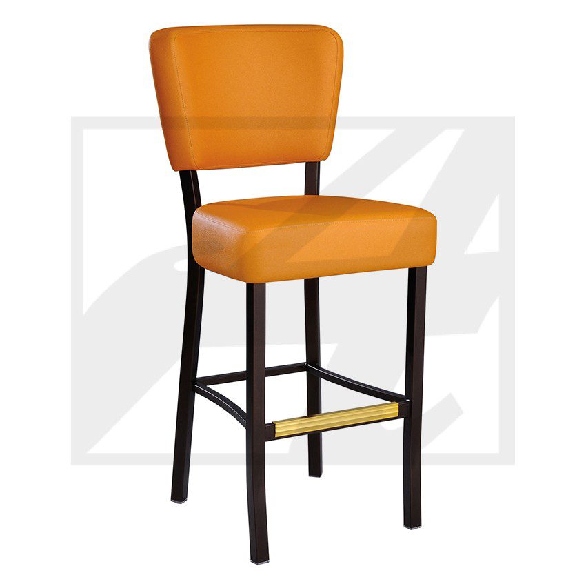 Orange padded bar stool with black frame and footrest.