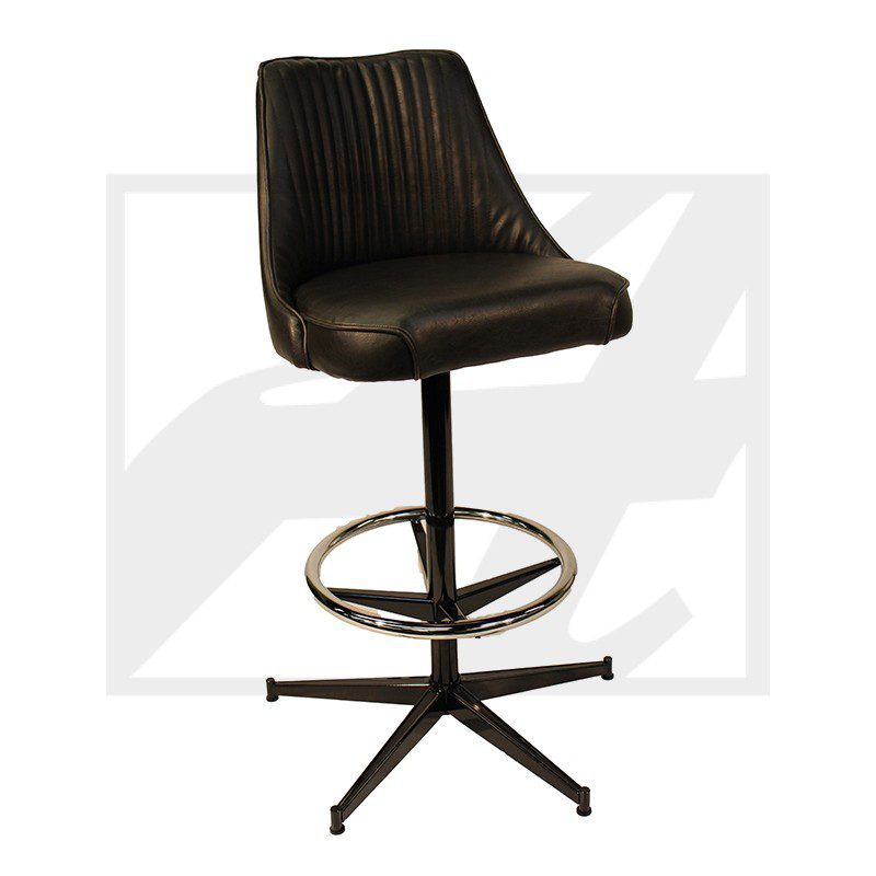 Black swivel bar stool with a cushioned seat and backrest.