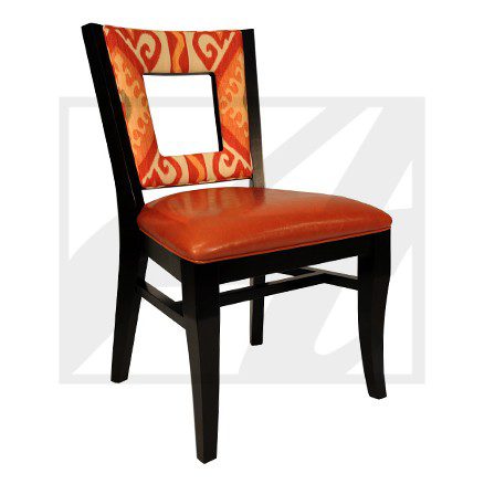 Elegant dining chair with orange upholstery and dark wood frame.