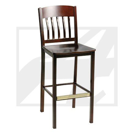 Wooden bar stool with a slatted backrest and cushioned seat.