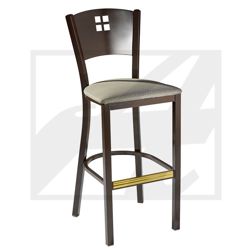 Wooden bar stool with cushioned seat and footrest.