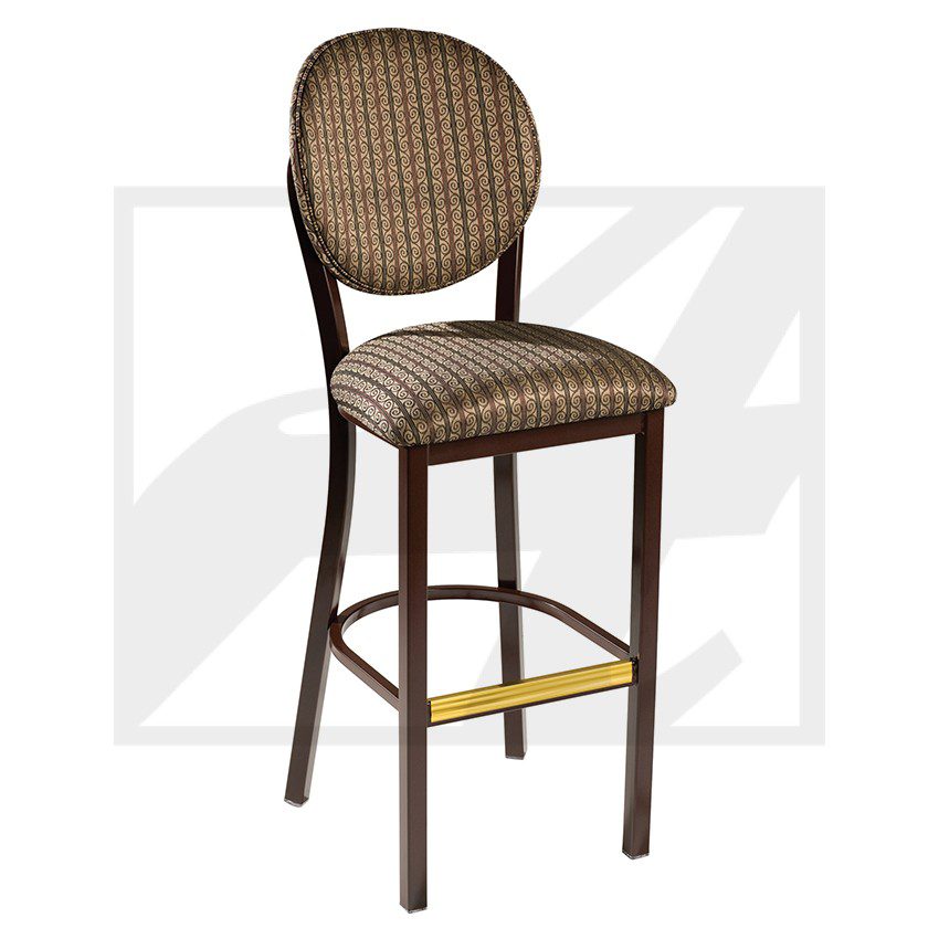 Woven rattan bar stool with brown frame and brass footrest.
